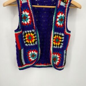 Vintage Hand Crocheted Granny Square Vest Rainbow Boho Festival Small